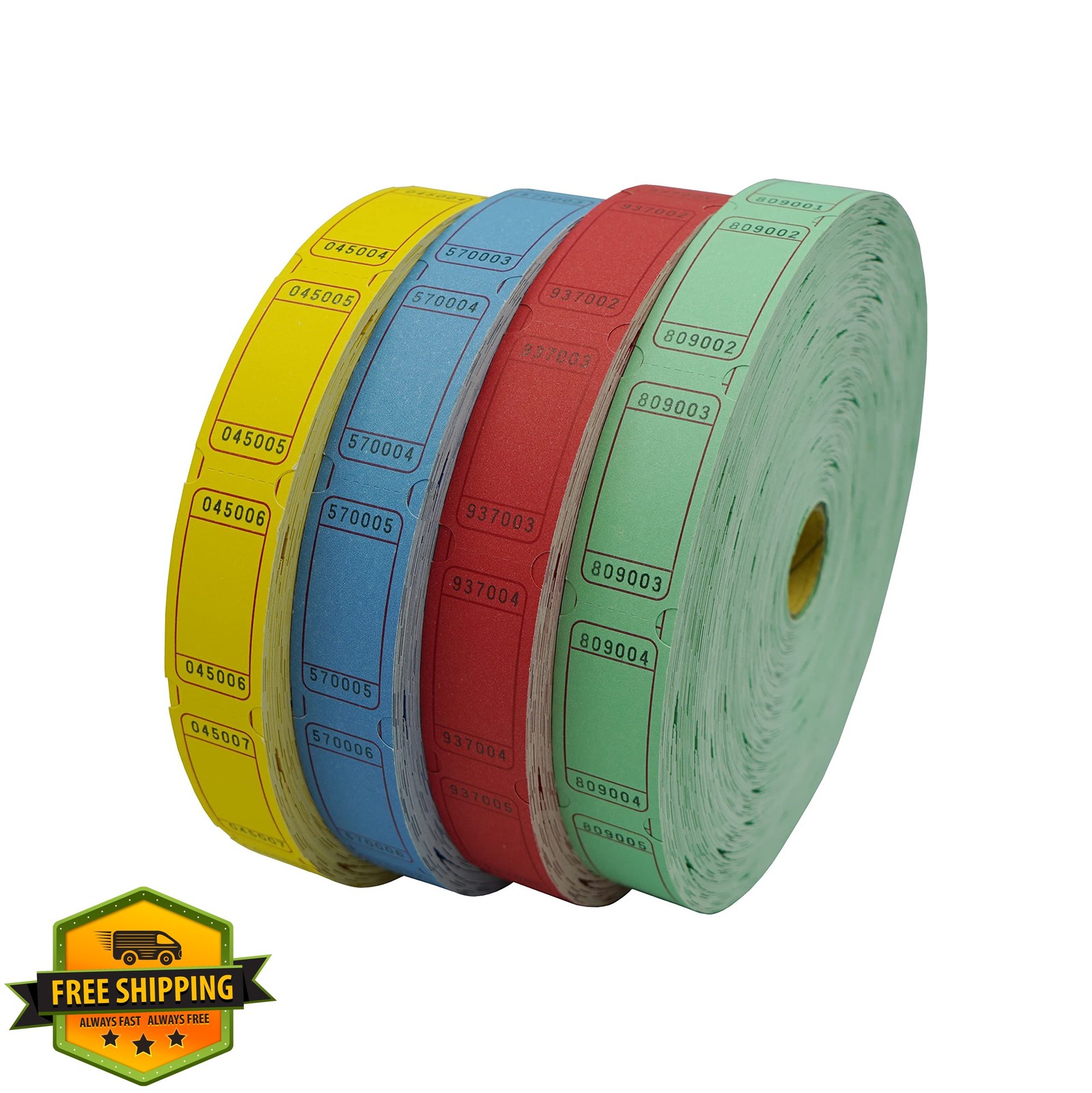 DNB Raffle Tickets 8000 Pcs 4 Color Set 2×1″ Numbered Blue Yellow Red Green