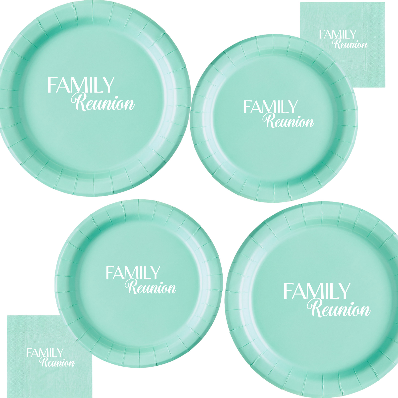 Family Reunion Tableware Set | Mint Teal Plates & Napkins with White Font | Fami