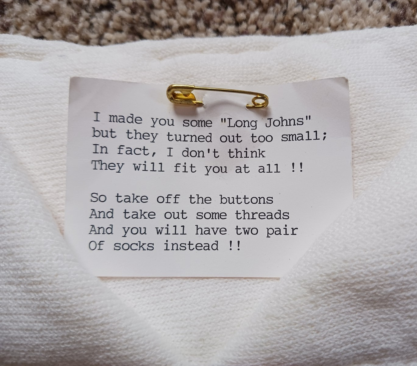 Vintage ‘LONG JOHNS’ Homemade NOVELTY GAG GIFT made from Mens Socks with Poem