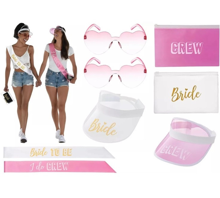 16 Pc Bachelorette Party 4 people Kit glasses sashes visors pouches white pink