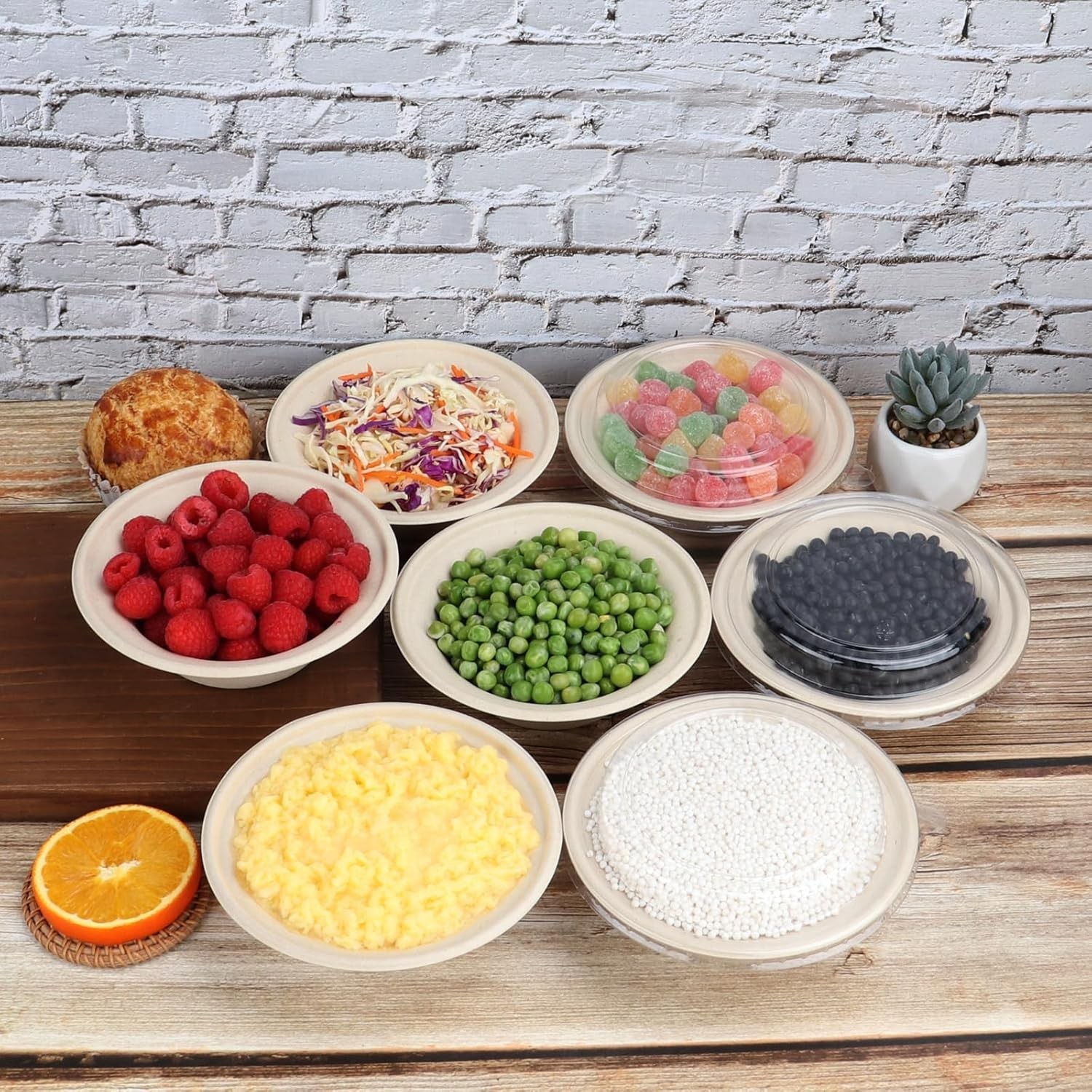 12 oz Round Disposable salad bowls W/ lids Sugarcane Fiber Paper Bowls Plant