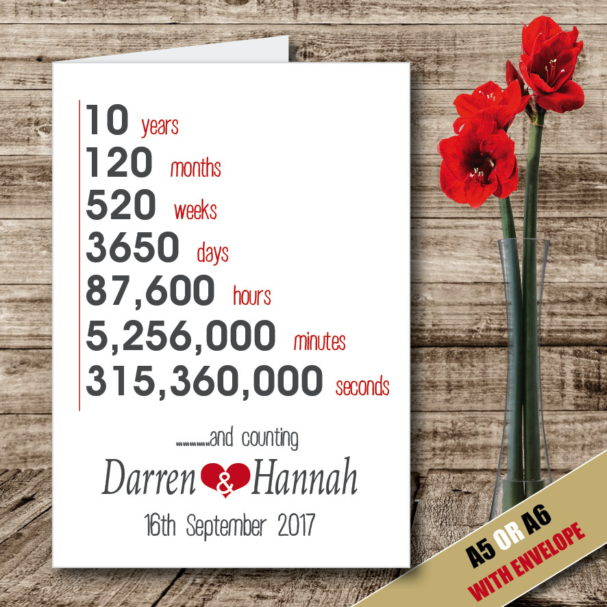 Personalised 10 Year Anniversary Couples Personalised Wedding Occasion CARD 05