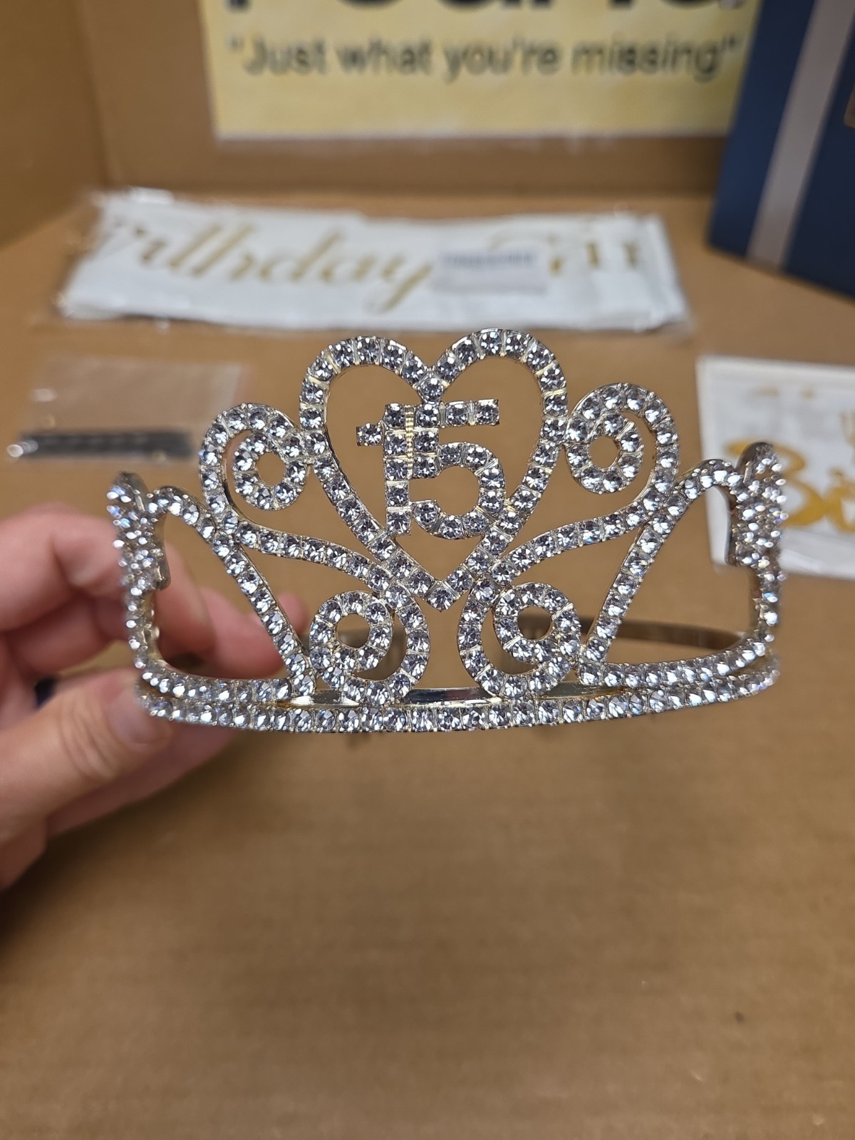 15th Birthday Tiara Sash And Cake Topper Gold Glitter Rhinestones SEE PICS