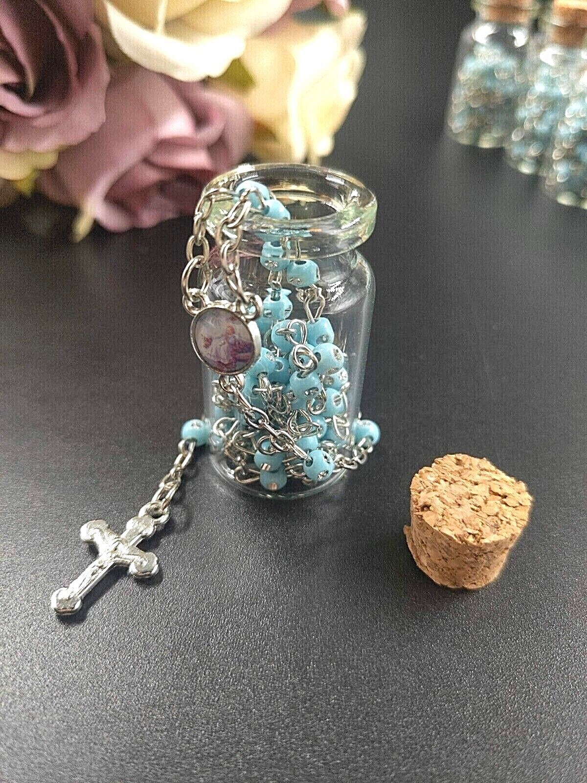 US 12pcs Blue Beaded Rosary Necklace in Wishing Bottle Bag Gifts for Guests