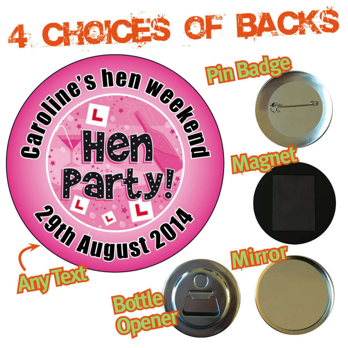 Personalised BIG BADGE HEN party Night Weekend Pink Mirror Magnet ANY DATE 256