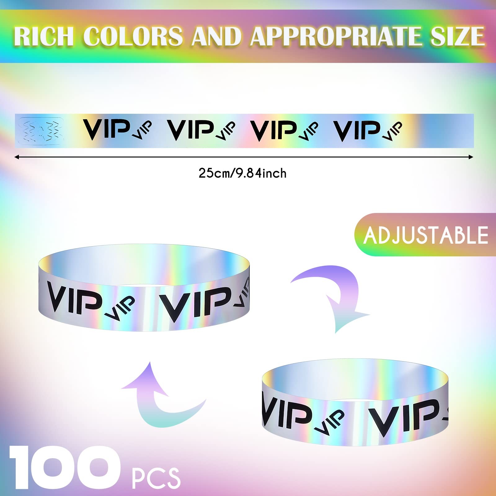 Teling 500 Pack VIP Plastic Wristbands 9.84 x 1.2 inches, Glitter Silver