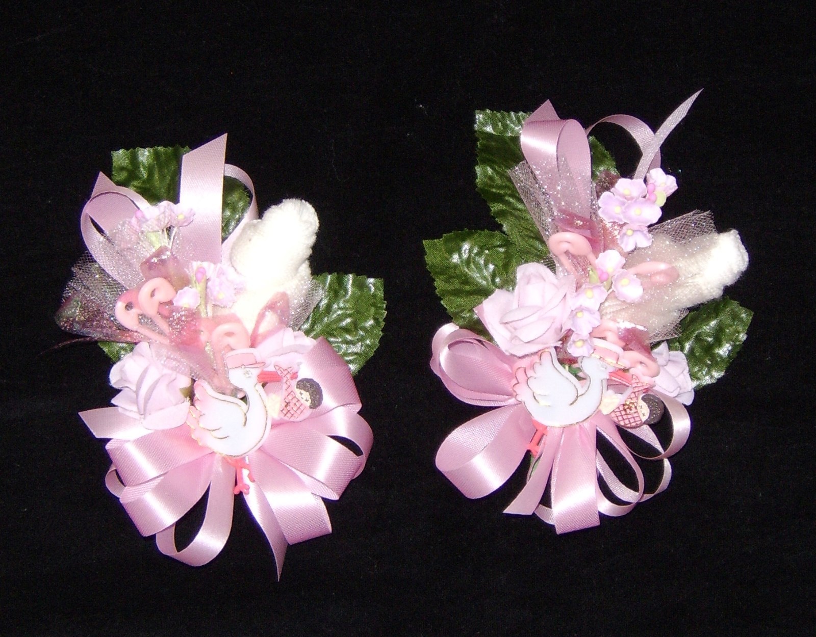 Baby Shower Corsage 3-Set – Pink Ribbons & a Bear Handmade