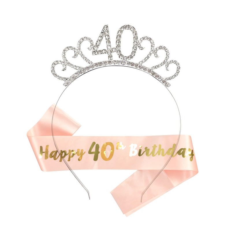 Birthday Crown Headband Rose Gold Tiara Rhinestone Party Women Girl Gift Sash