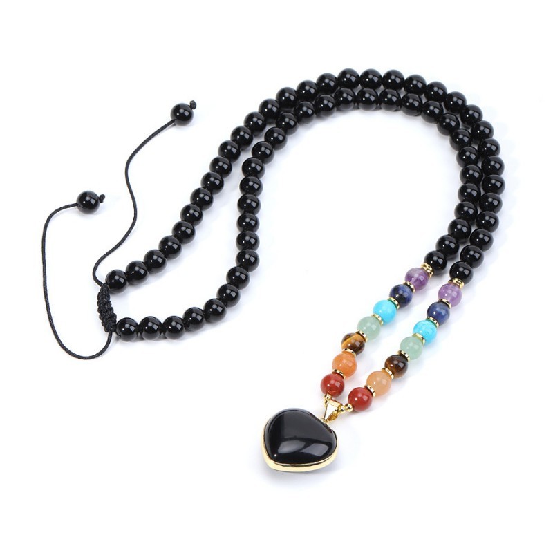 7 Chakra Crystal Heart Pendant Necklace, Healing & Balancing Beaded Necklace