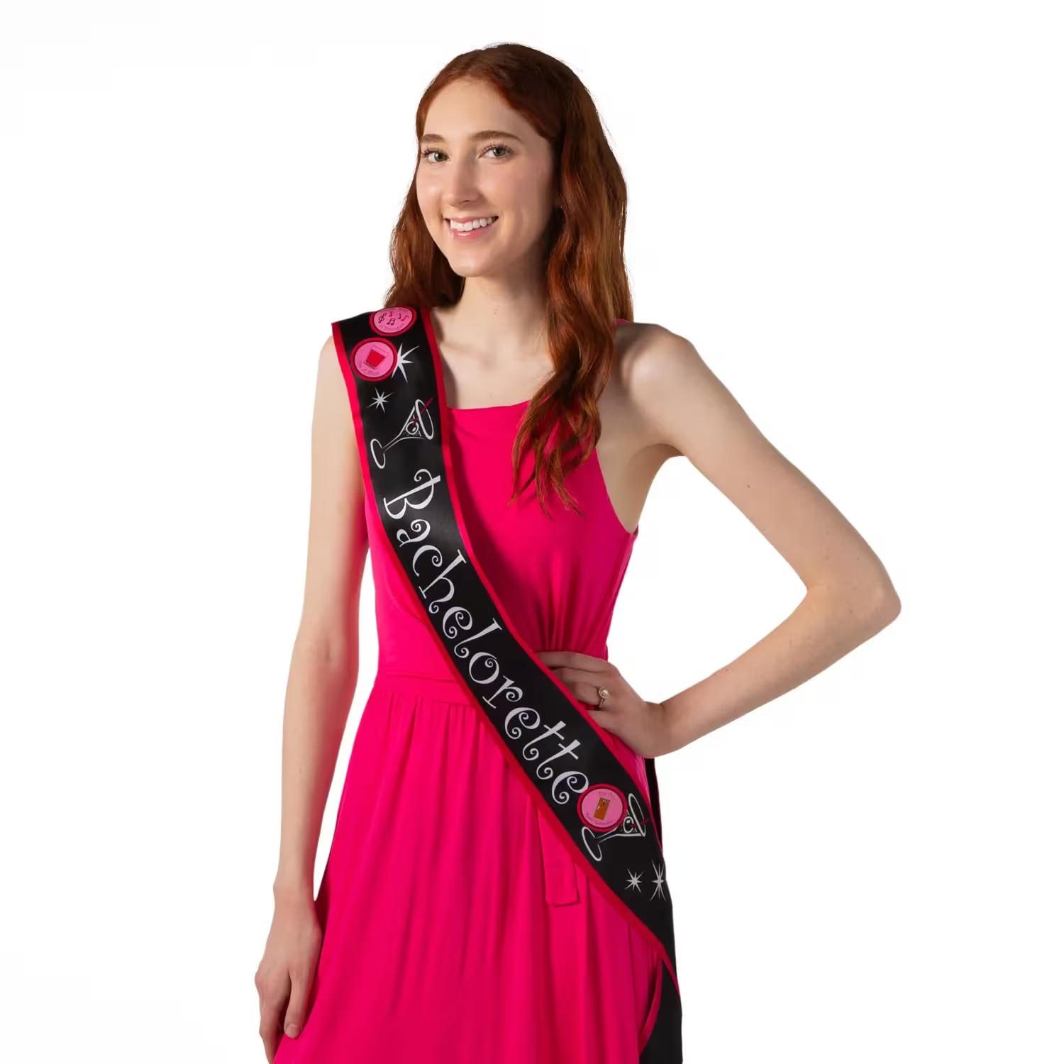 Fun Express Bachelorette Party Satin Sash with Sticker Badges, 3 Ft. x 3″