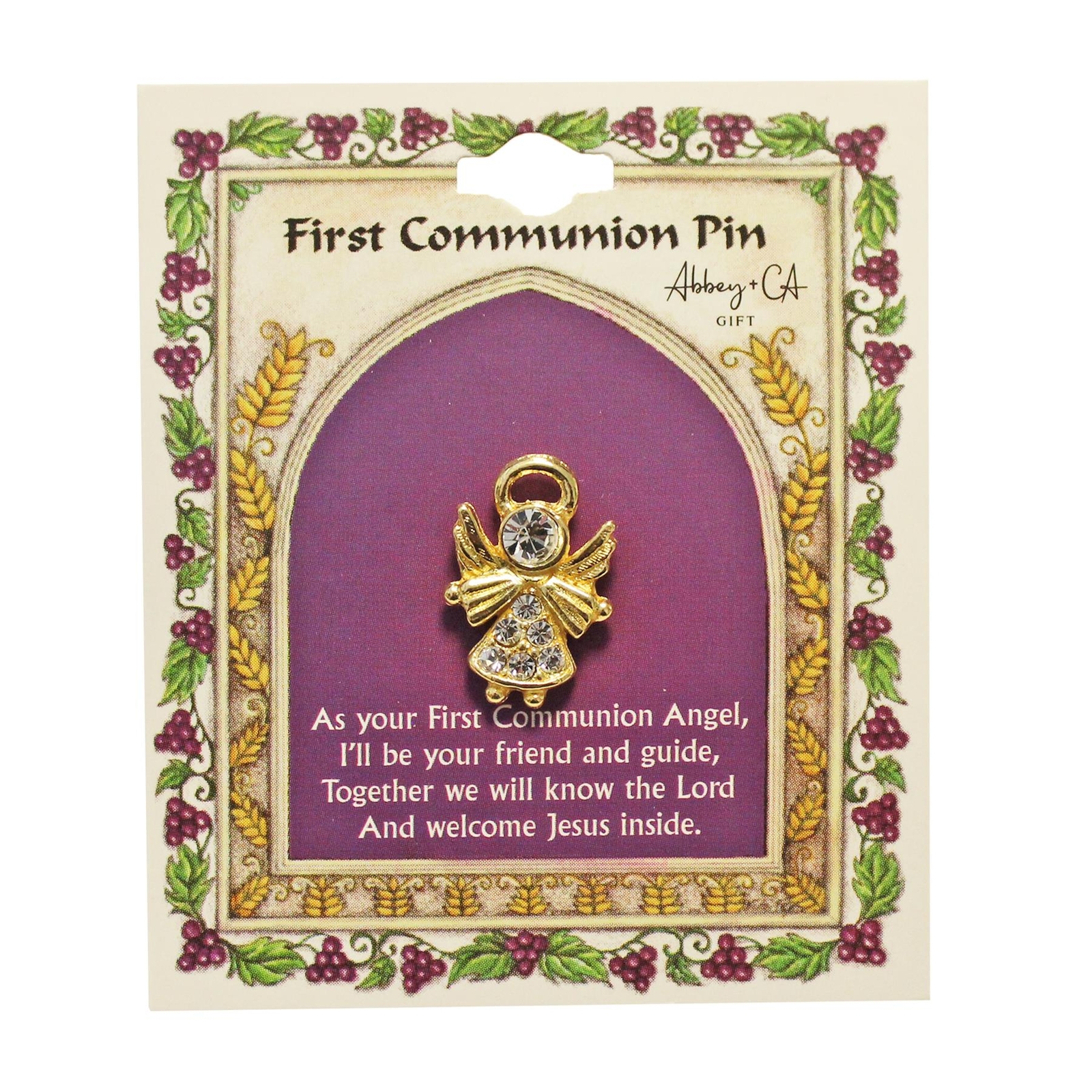 First Communion Lapel Pin Brooch – Gold Angel with Gems
