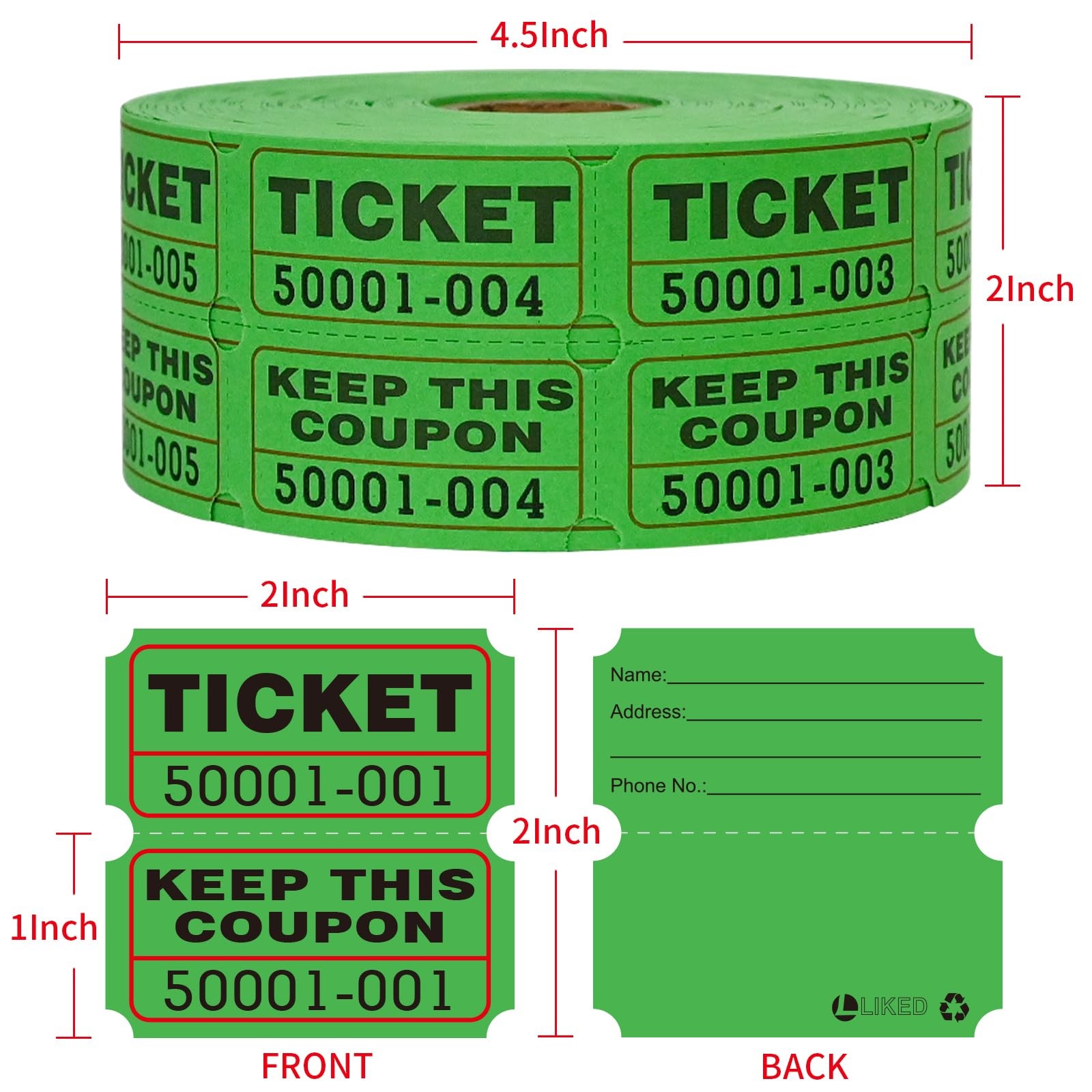 L LIKED Green Raffle Tickets 2″ x 2″, Double Roll, 1000 Pairs/Roll