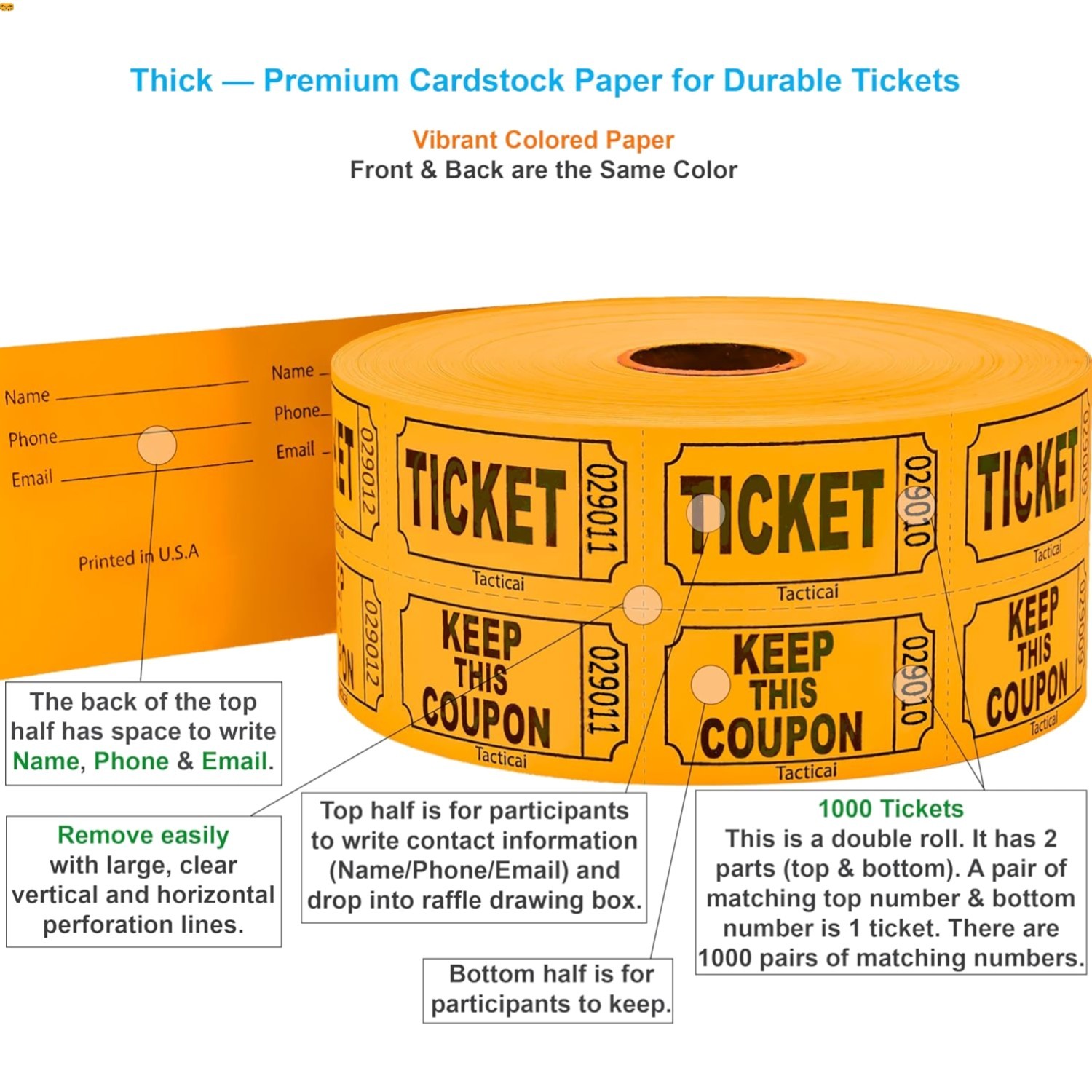 1000 Raffle Tickets, Orange 1 of 8 Colors, Double Roll, Ticket for Events, En…