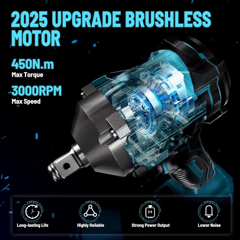 450N.m/332Ft-lbs Brushless Impact Wrench,1/2″ Cordless Impact Gun with 4.0Ah Bat