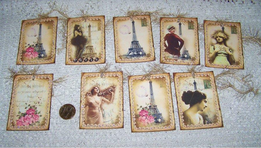 9-Vintage-French-Women-Glitter-Ephemera-Journal-Linen Cardstock-Gift-Hang-Tags