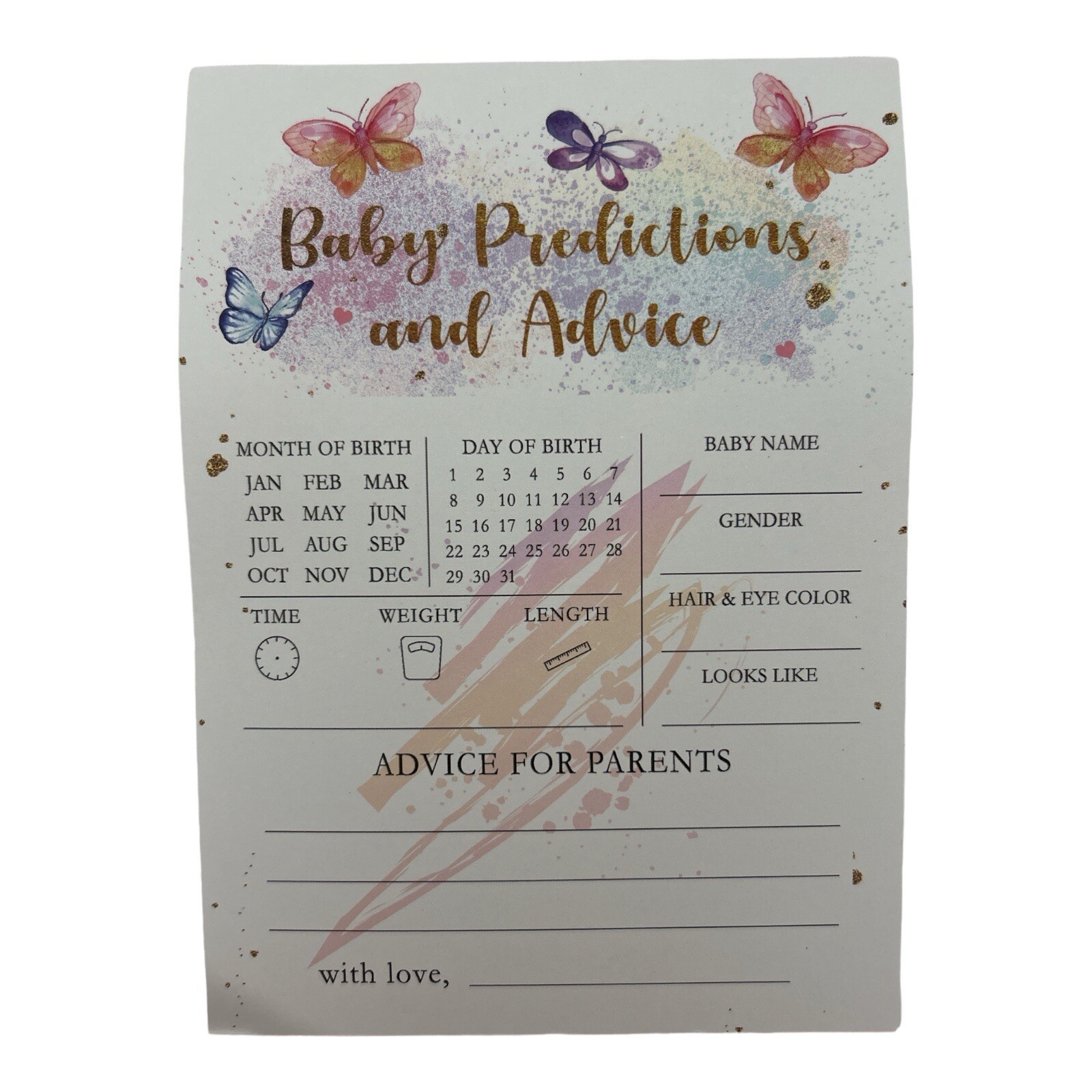 30 Baby Predictions & Advice Cards – Rainbow Butterflies Baby Shower Game Set