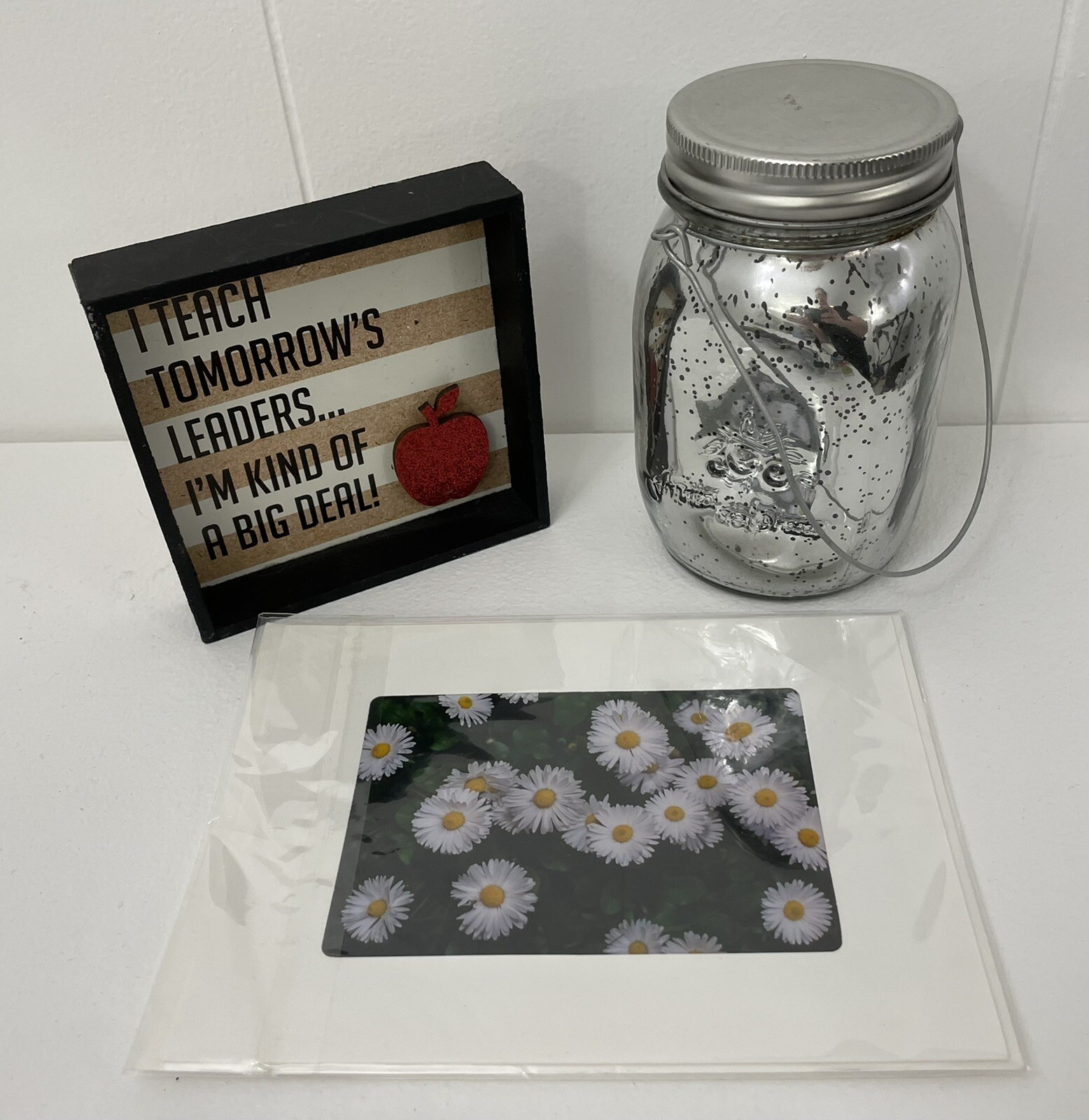 NEW End of Year Teacher Gift: small plaque mason jar light flower blank notecard