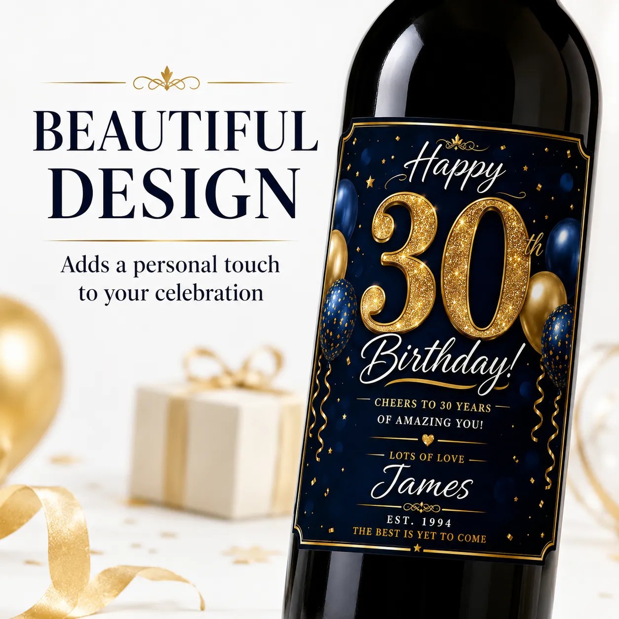 Personalised 30th Birthday Bottle Label Sticker Custom Wine Gift Blue Gold