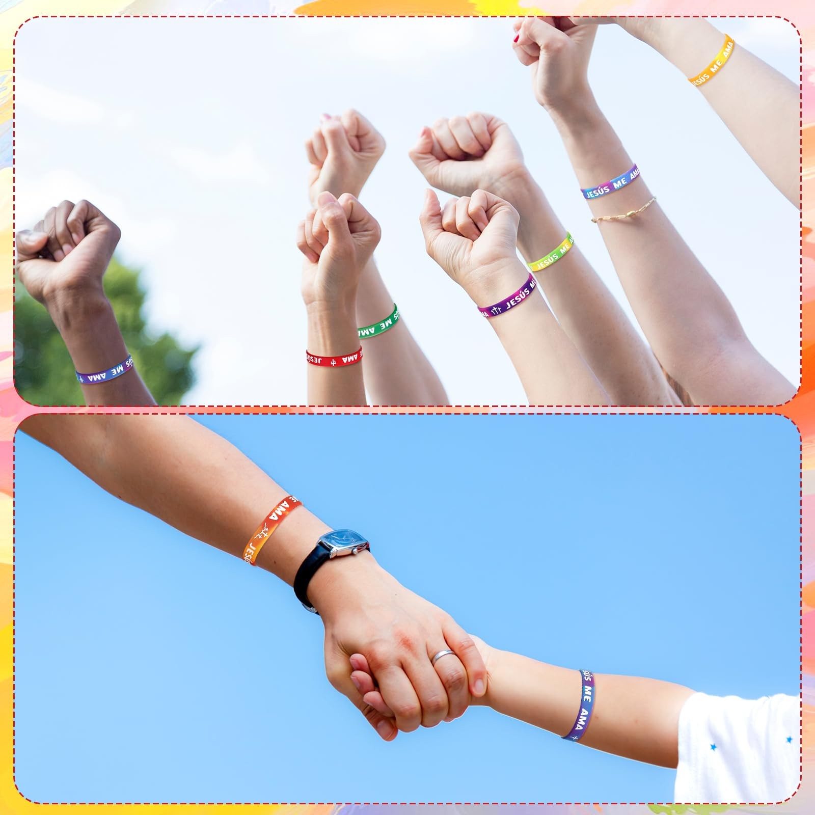 100 Pcs Spanish Jesus Loves Me Wristbands Bulk 10 Styles Rainbow Jesus Me Ama…