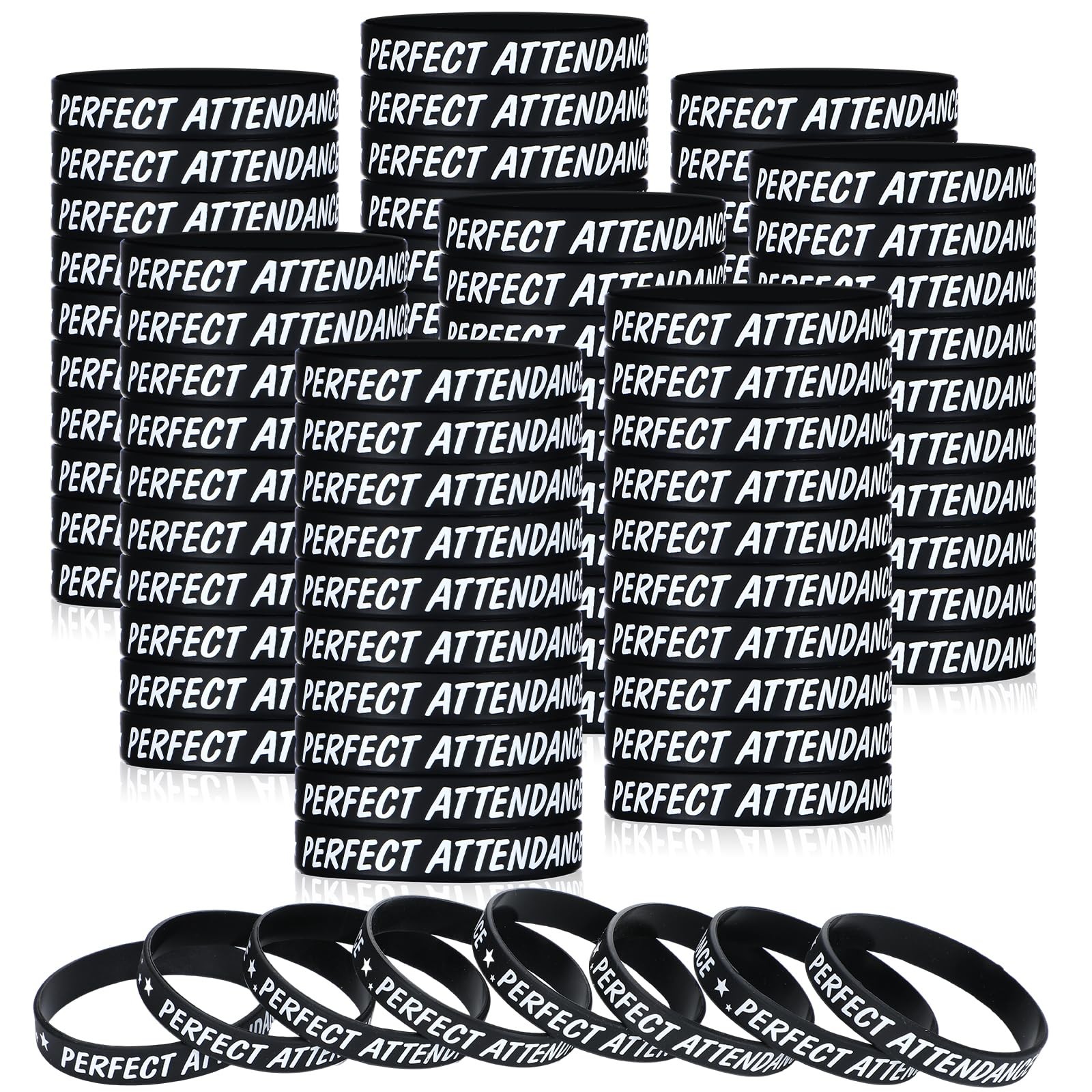 100 PCS Black Perfect Attendance Awards Silicone Wristbands Bulk Student Prize