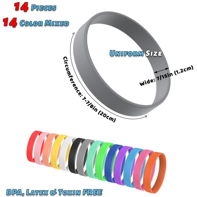 14 Pcs Rubber Bracelets, Silicone Bracelet Men Rubber Wristbands, 14 Color mixed