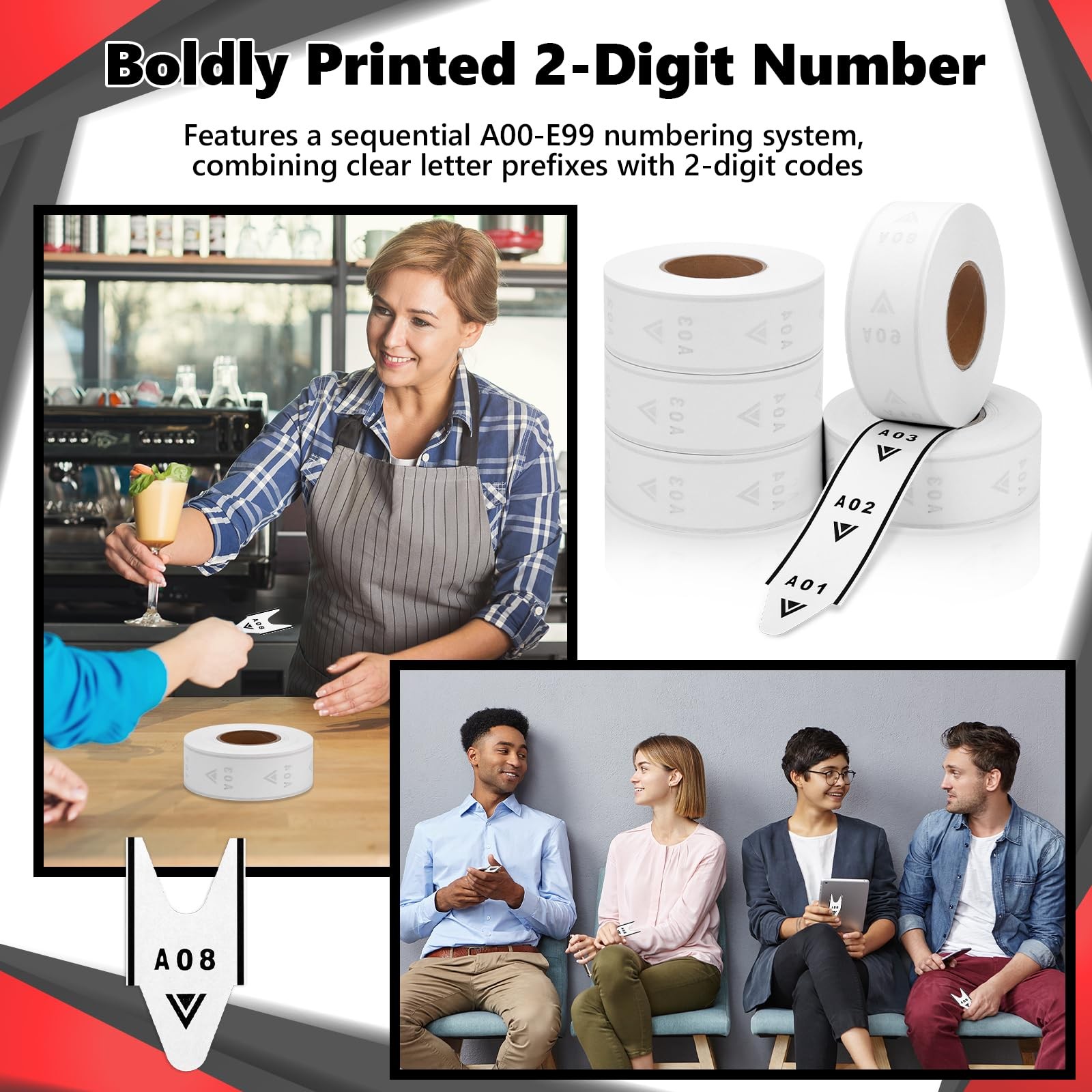Take A Number Tickets 2Digit Roll A01E99 for D80 Dispenser 2000 PCS Paper