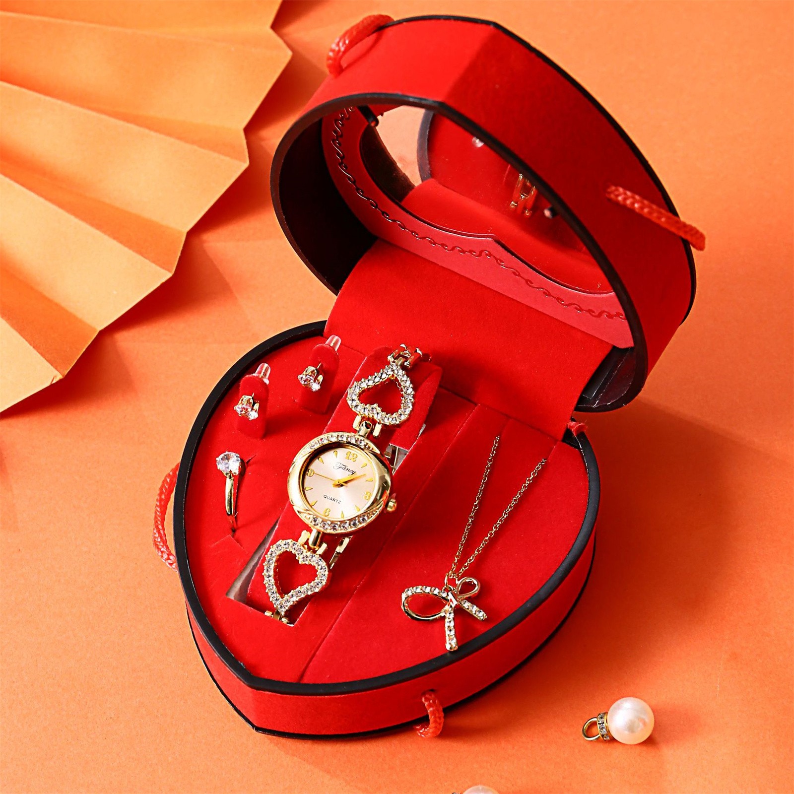 Women’s Watch & Jewelry Set Elegant Necklace Earrings Ring For Valentine’s Day