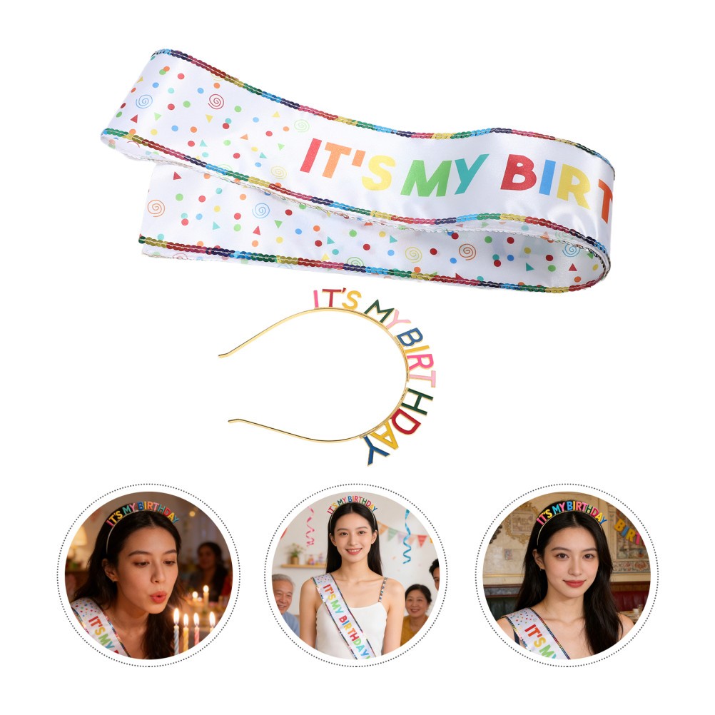 1 Set Colorful Birthday Headband and Sash Durable Zinc Alloy Party Decoration