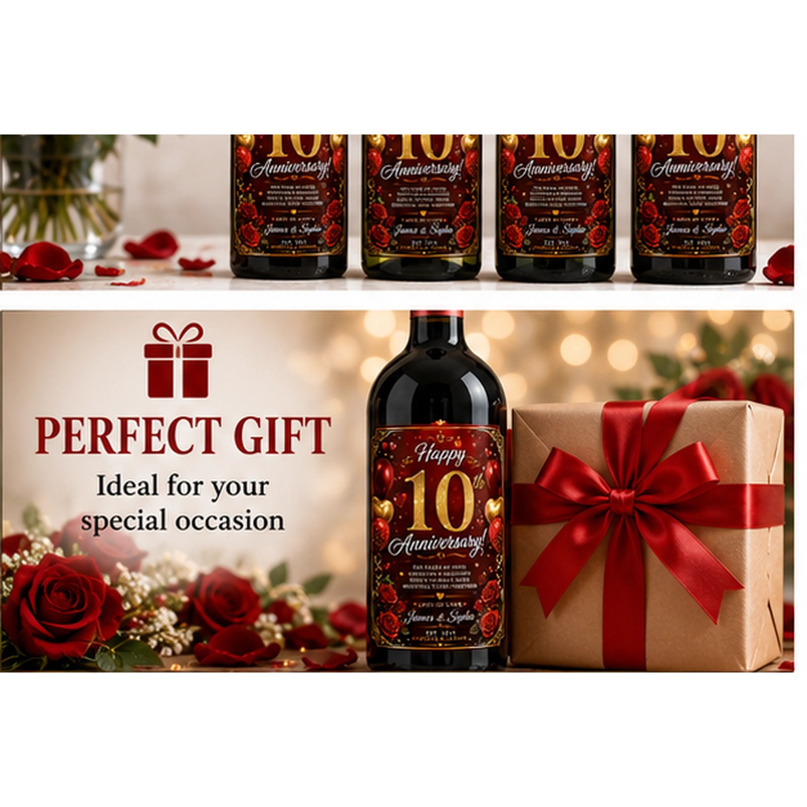 Personalised 10th Anniversary Bottle Label Sticker Wine Gift Red Rose