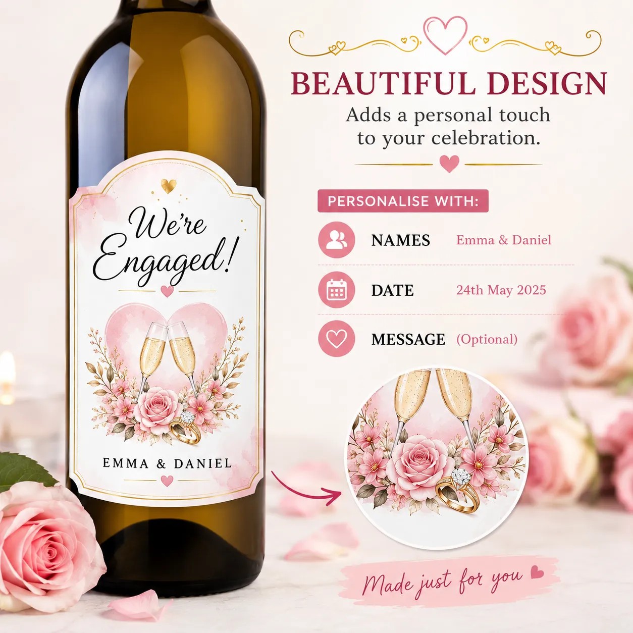 Personalised Engagement Bottle Label Sticker Custom Wine Champagne Gift Decor