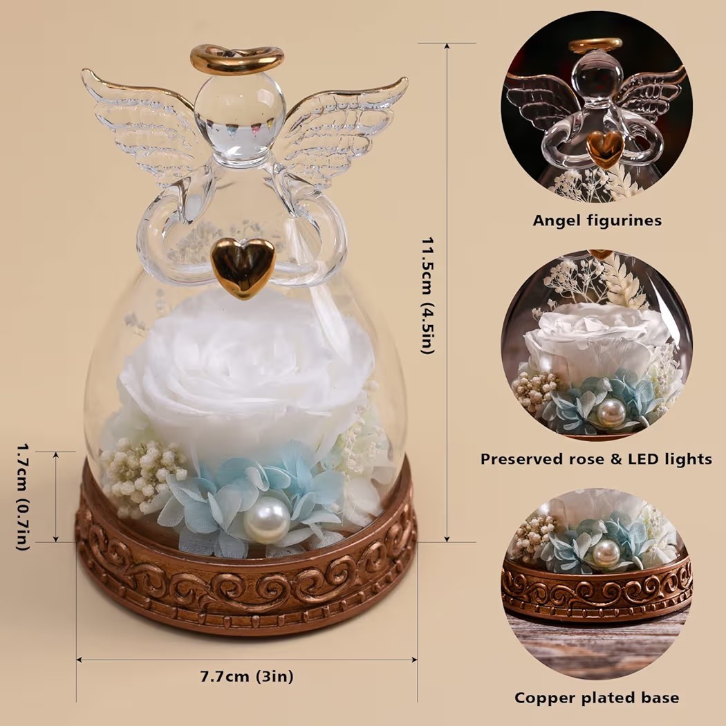 Angel Glass Dome Preserved Rose LED Light Gift Romantic Decor w/ Box