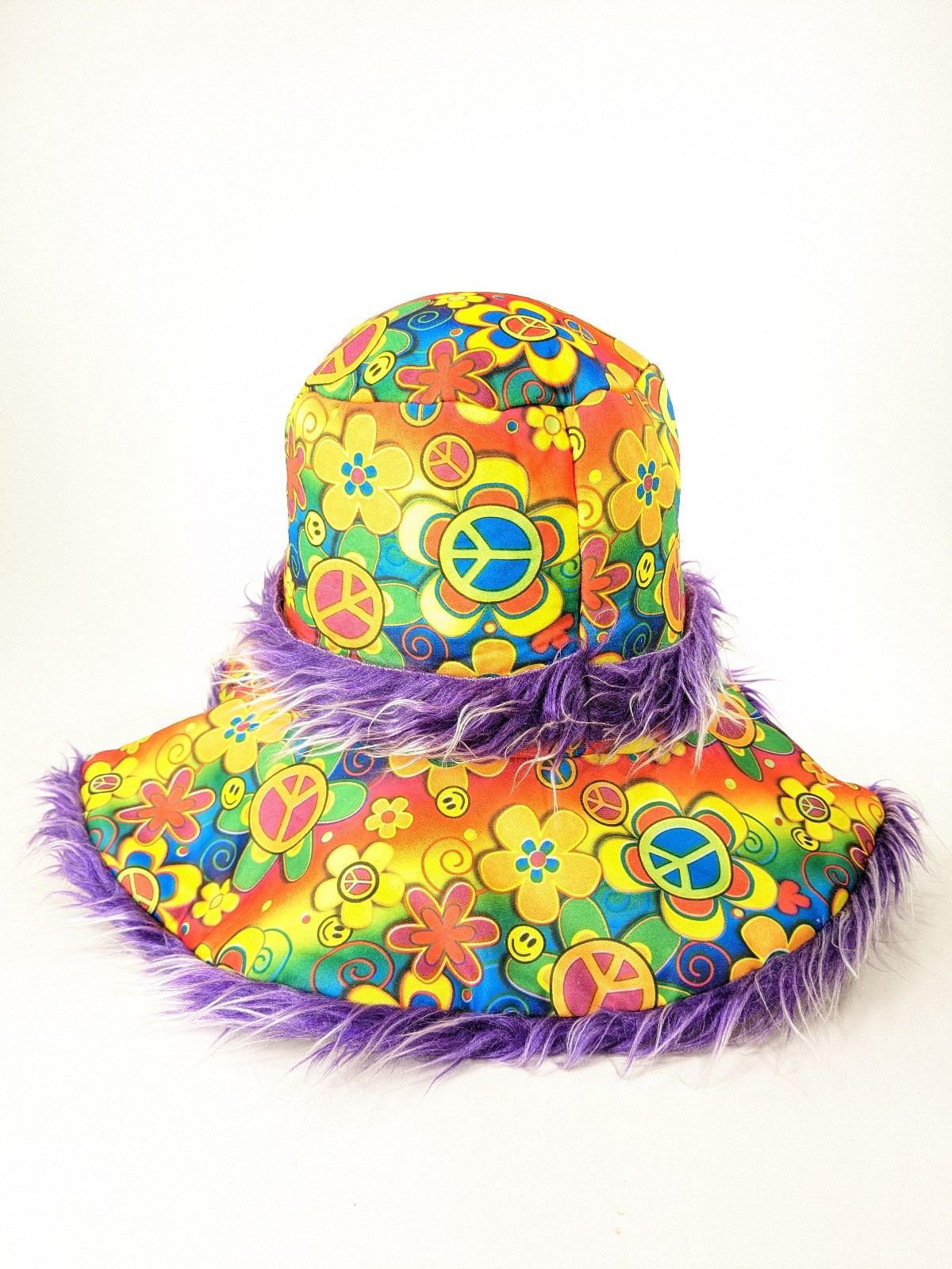 Vtg Y2K Fuzzy Faux Fur Purple Peace Sign Wide Brim Floppy Hat Hippie Costume