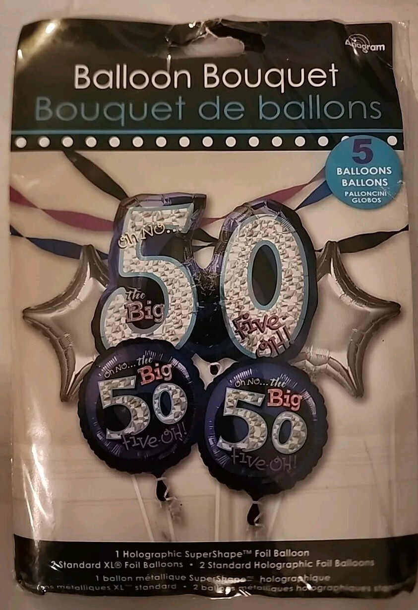 50th Birthday Party Balloon Bouquet 5ct Holographic Foil 26″ 18″ & 19″ Sizes