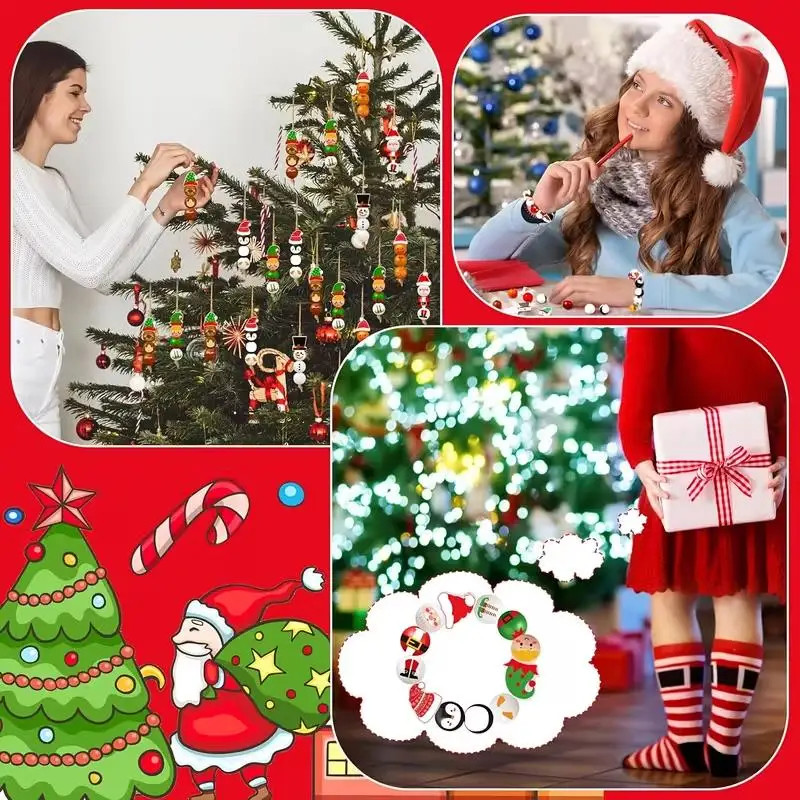 48/80Pc Wooden Beads Christmas Santa Claus Gingerbread Man Elf DIY Garland Decor