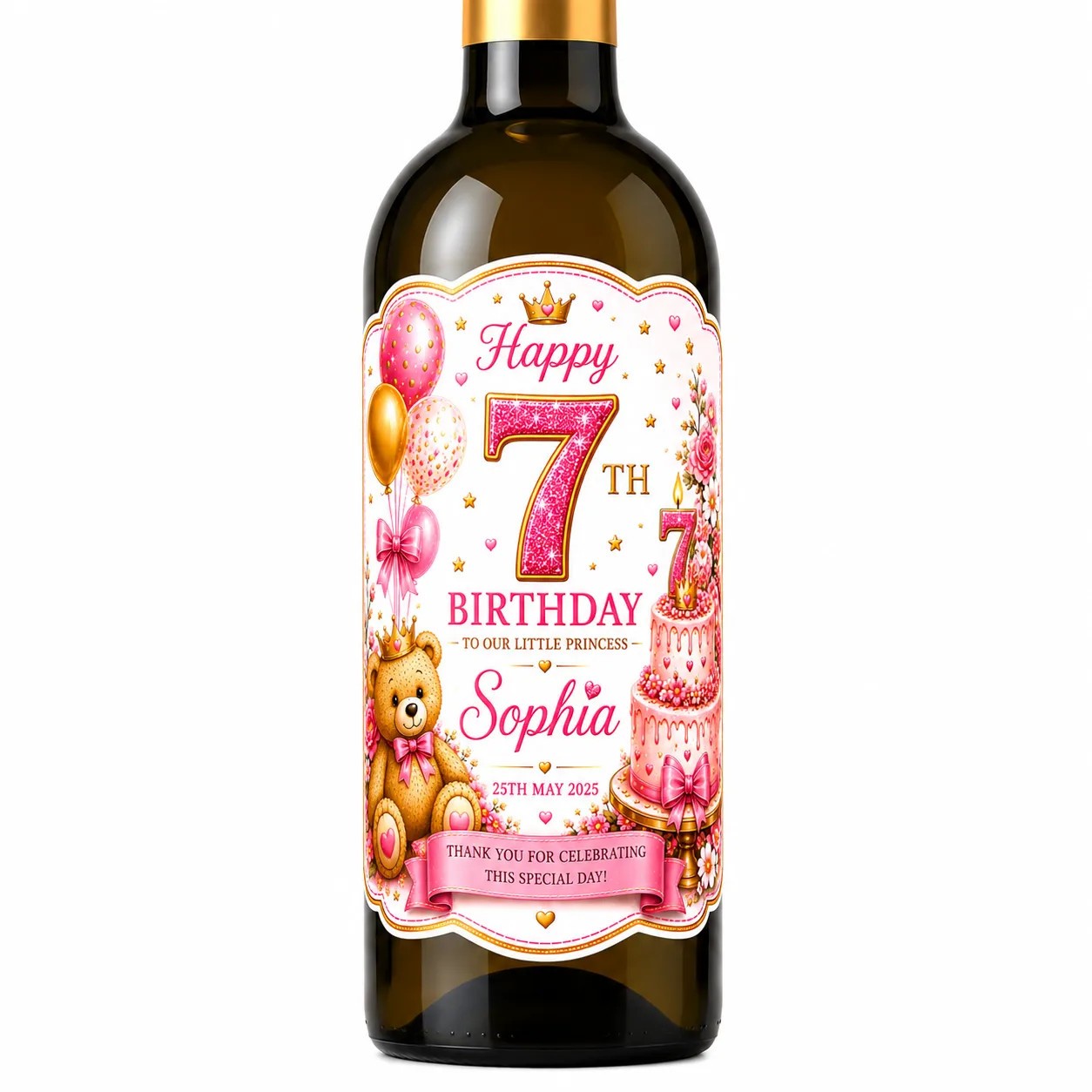 Personalised 7th Birthday Bottle Label Custom Girl Pink Wine Bottle Sticker