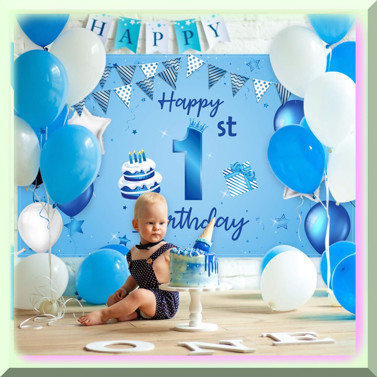 Blue First Birthday Fabric Backdrop with Birthday Decorations