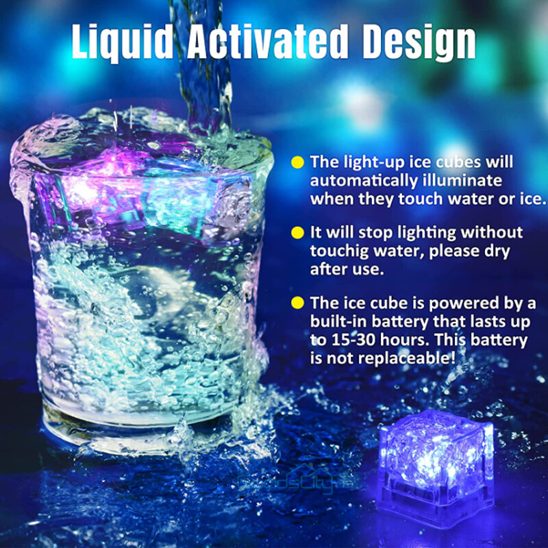 12-24 Multi Color LED Flashing Blinking Glowing Light up Ice Cube Liquid Sensor