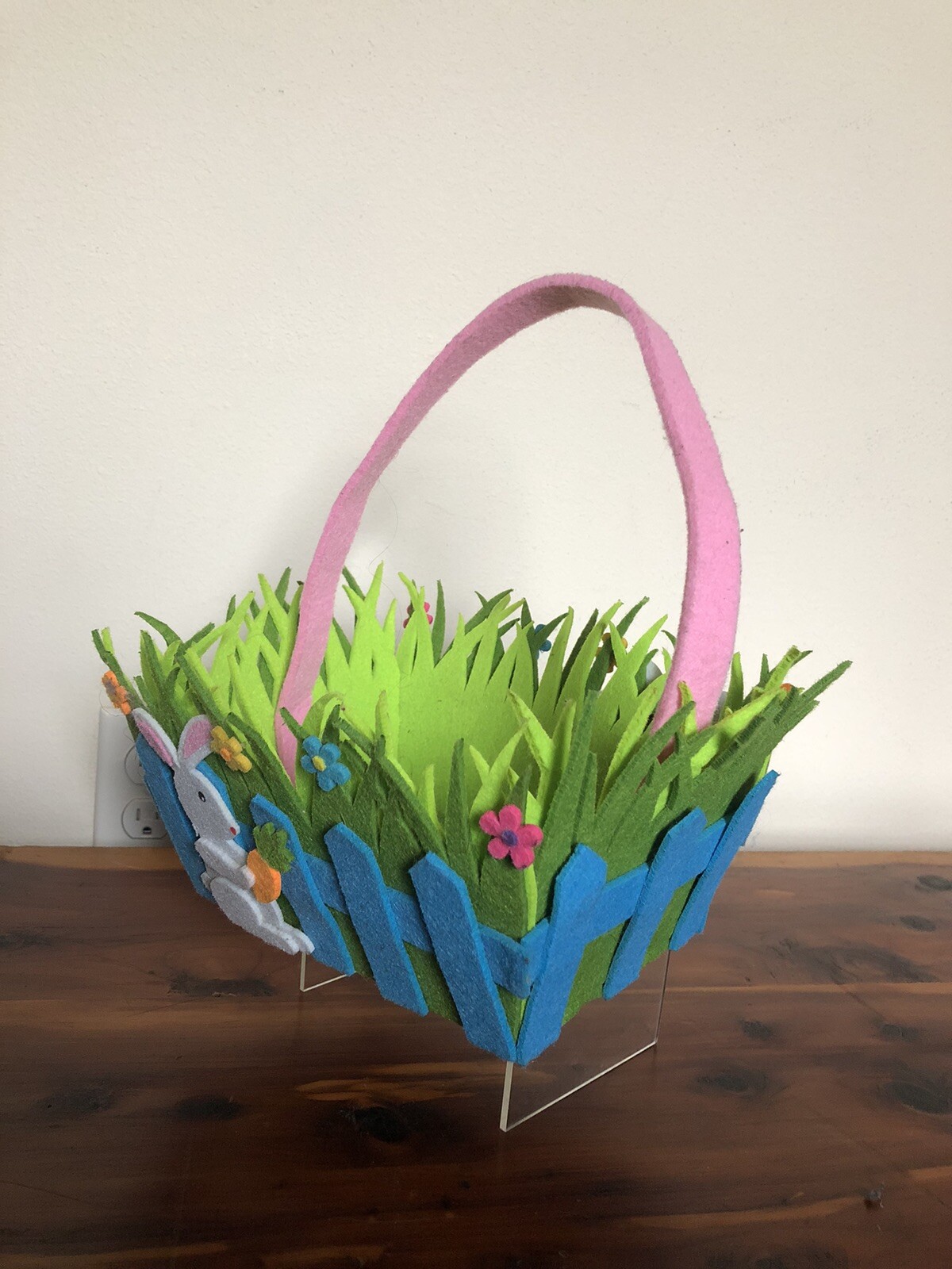 Easter Basket Soft Fabric Felt Bright Colors Bunny Grass & Flowers Decor Bucket