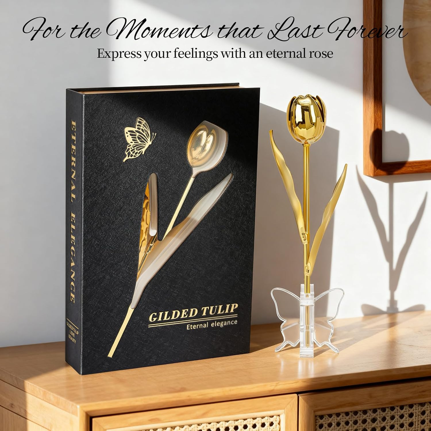 24K Gold Dipped Tulip – Royal Pure Gold, Luxury Book-Style Gift Box & Butterfly
