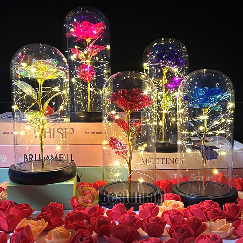 Crystal Eternal Galaxy Rose Flower LED Light Glass In Dome Gifts for Her Lovers