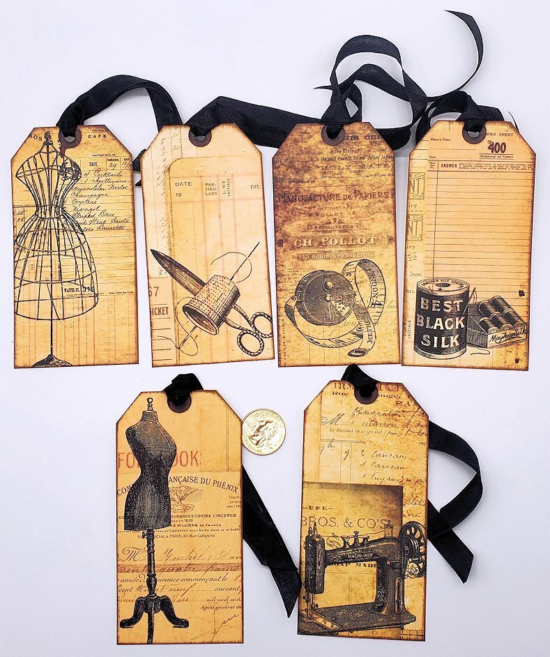 6-Vintage-Sewing-Handmade-Junk Journal-Ephemera-Linen Cardstock-Hang Tags