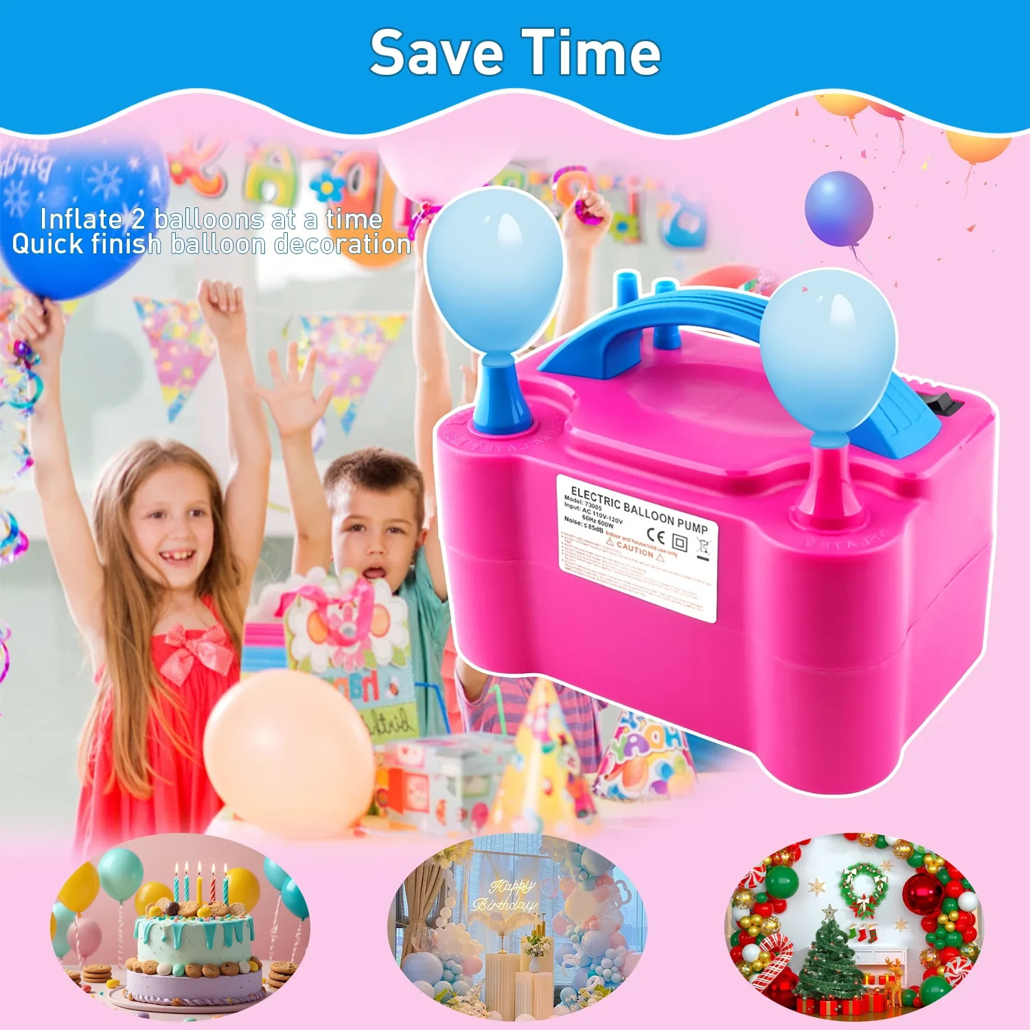 Electric Balloon Pump Dual Nozzle Portable Inflator Party Decoration Tool Pink
