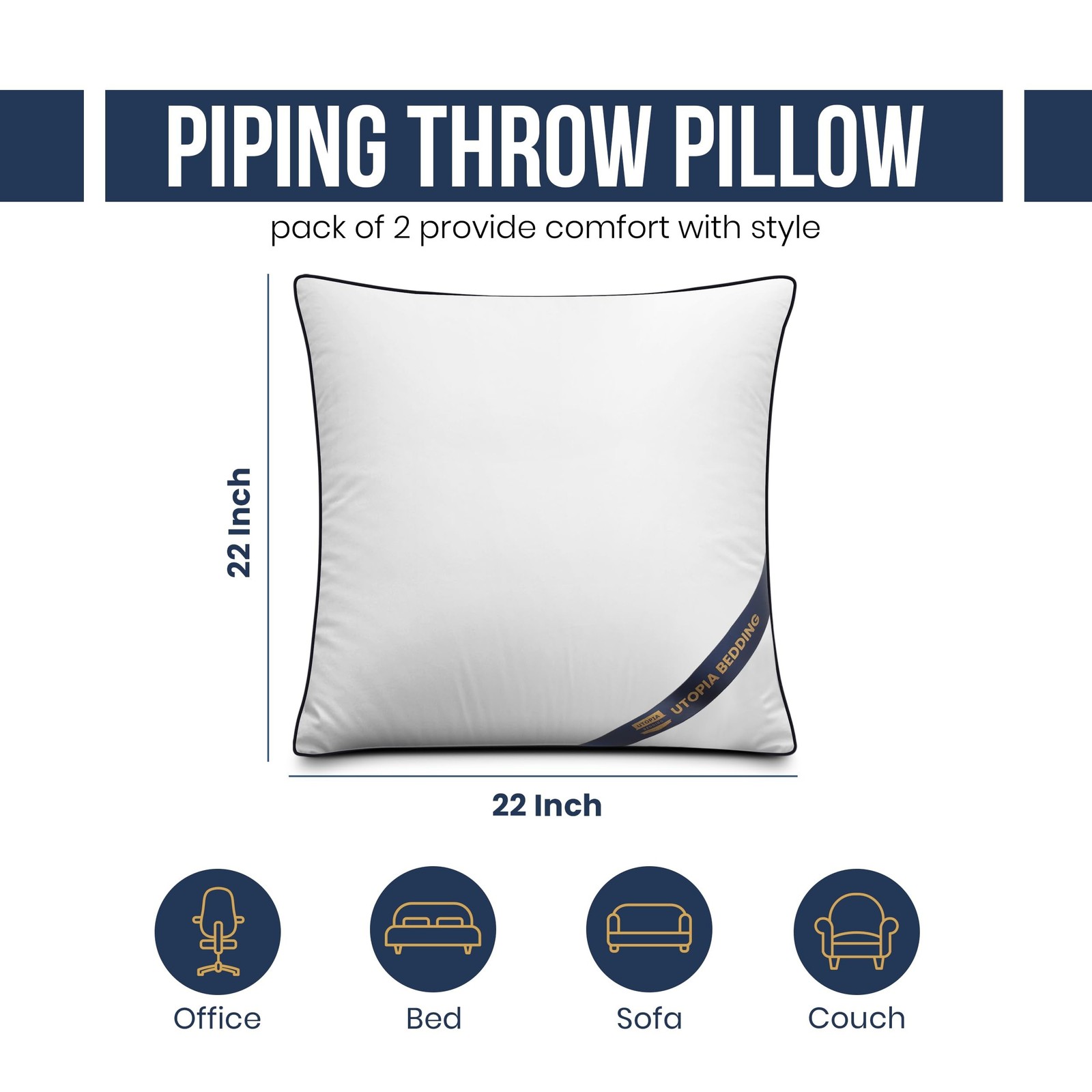 Utopia Bedding Throw Pillow Inserts (Pack of 2, White), 22 x 22 Inches Decora…