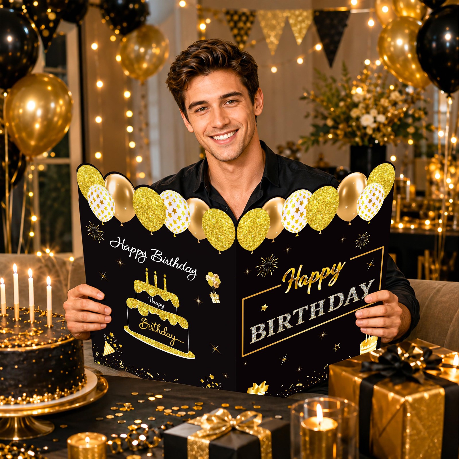 WNINK Jumbo Birthday Card with Envelope, Black 22 x 14 inches, Gold