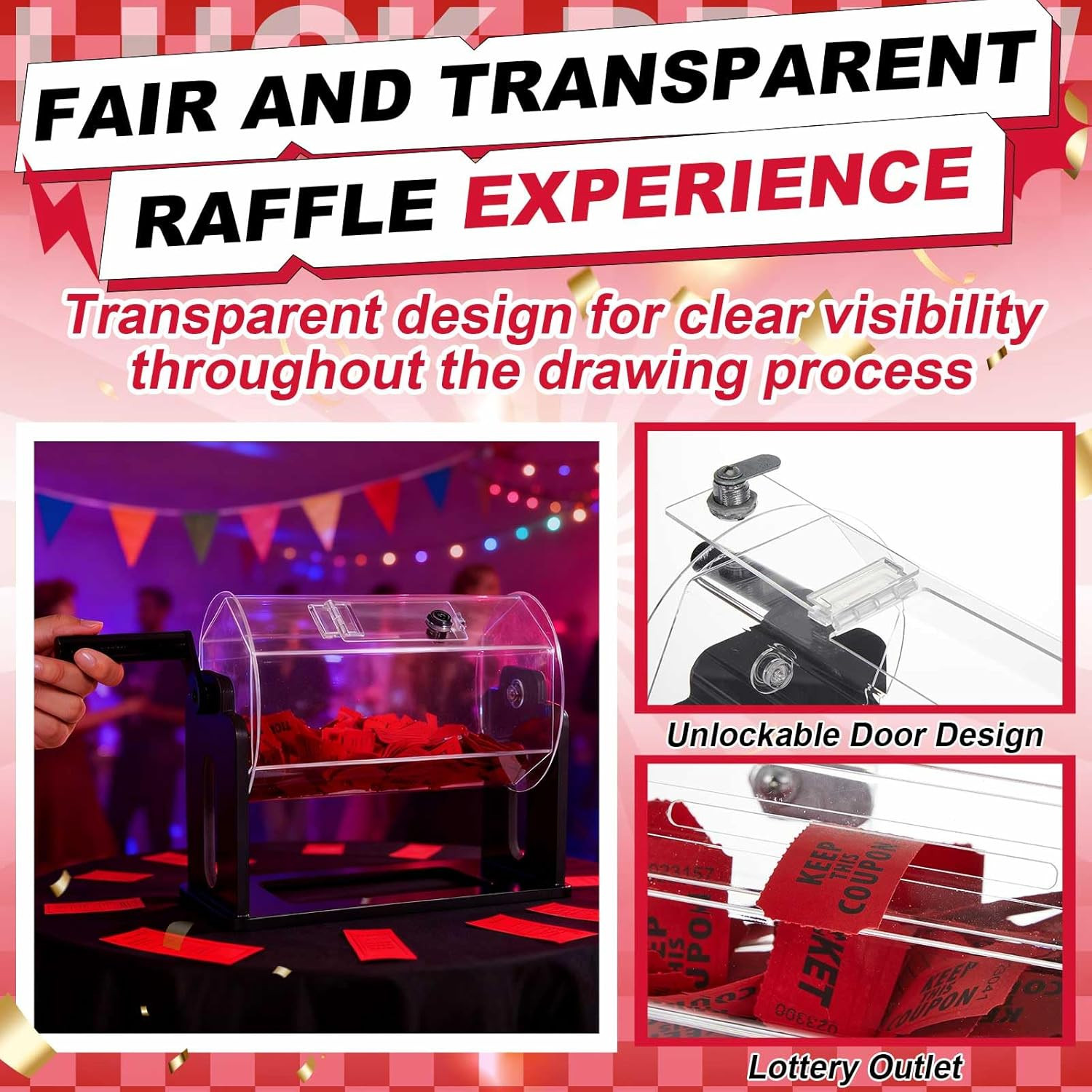 Clear Acrylic Raffle Drum with Shaking Hand – Hexagon Ticket Spinner Box