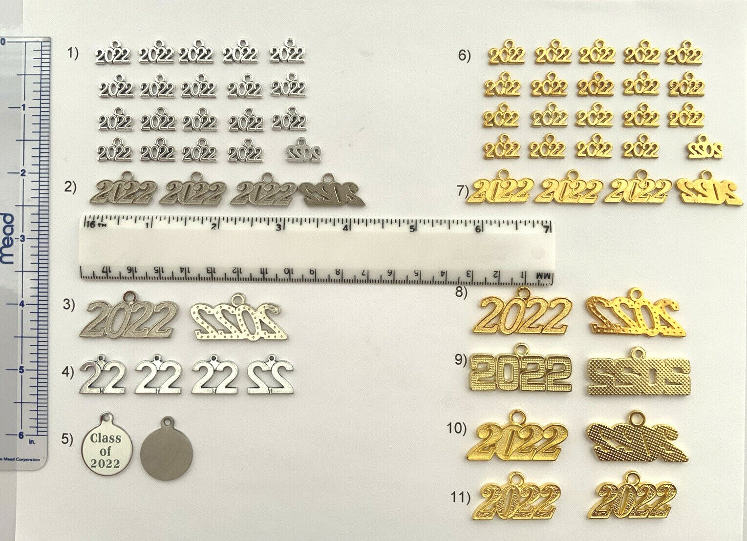 CLASS OF 2022 YEAR NUMBER CHARMS GRADUATION, CHOICE 11 STYLES OF GOLD OR SILVER