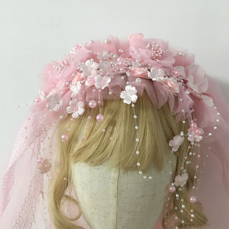 Girls Flower Wreath Headwear Tulle Veils Headband with Beads Tassel Embellished