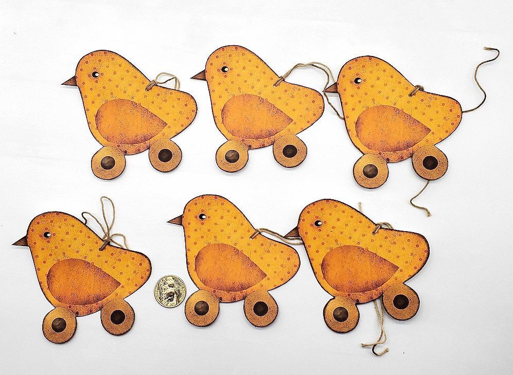 6-Easter-Primitive-Fussy Cut-Chicks-Farmhouse-Heavy Cardstock-Ornaments