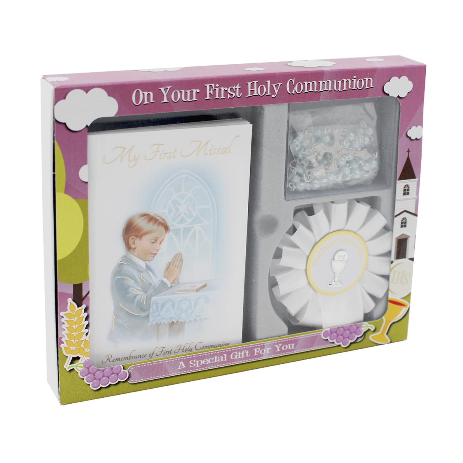 First Holy Communion Gift Set Boy Missal Book, Rosary and Rosette C5202