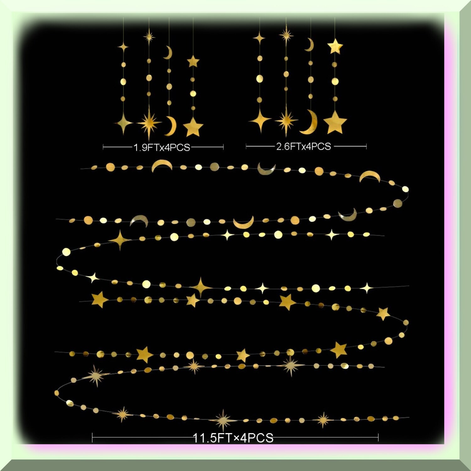 Golden Crescent Moon and Star Garland Set